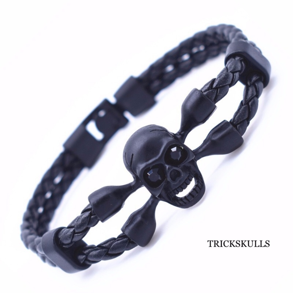 Mens Steel & Leather BLACK Braided Skull & Crossbones Cuff Bracelet 8 1/4” NEW!